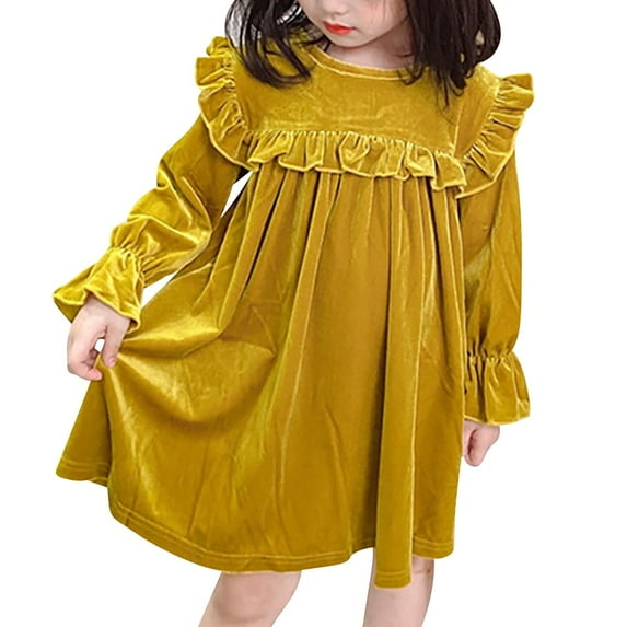 OBEEII Toddlers Baby Girls Fall Long Sleeve Solid Color Ruffled Velvet Dress Baby Girls Cake Smash Dress Wedding Flower Girl Dress 7-8 Years Lace turmeric
