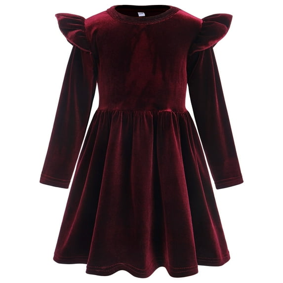 OBEEII Toddlers Baby Girls Fall Long Sleeve Solid Color Ruffled Velvet Dress Baby Girls Cake Smash Dress Wedding Flower Girl Dress 9-12 Months Burgundy
