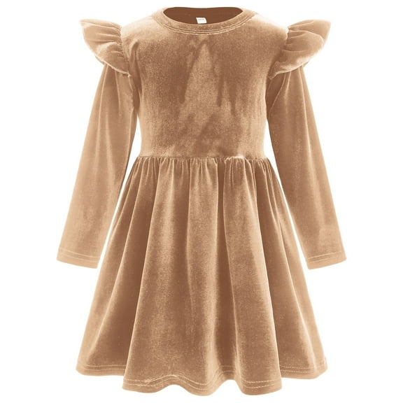 OBEEII Toddlers Baby Girls Fall Long Sleeve Solid Color Ruffled Velvet Dress Baby Girls Cake Smash Dress Wedding Flower Girl Dress 9-12 Months Shallow khaki