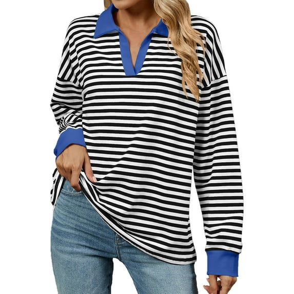 OBEEII Tops for Women Oversized Long Sleeve Sweatshirts Black White Striped Casual Dressy Clothes Office Work Business Outfits
