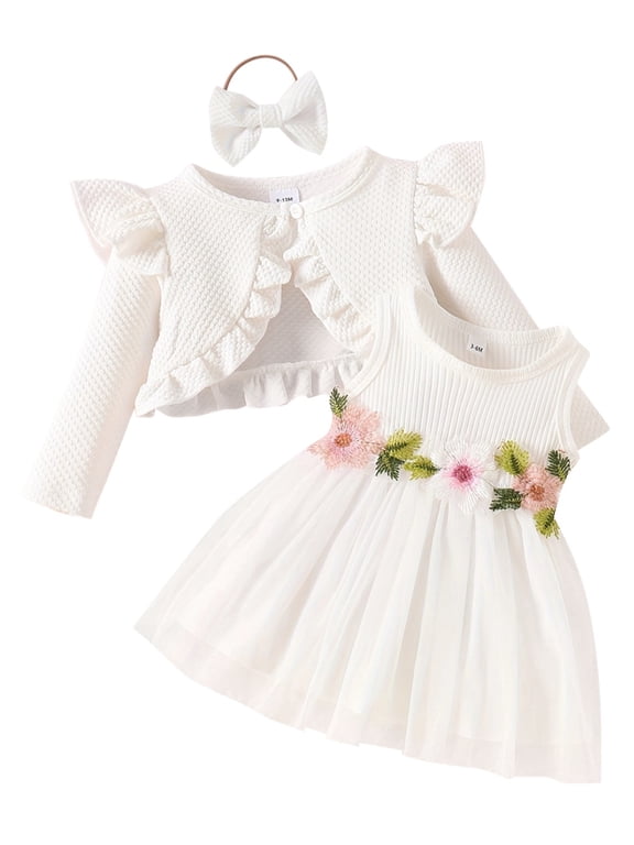 Tulle Tutu Dress for Little Girls and Long Sleeve Cardigan Flowy Casual Outfits Birthday Party Kids Girl Clothing, White Size 3M-3T