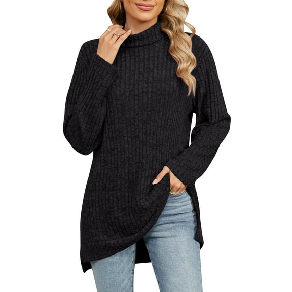 OBEEII Turtleneck Sweater for Women Winter Knitted Pullover Tops Black Lightweight Long Sleeve Women Clothes Size S-XXL