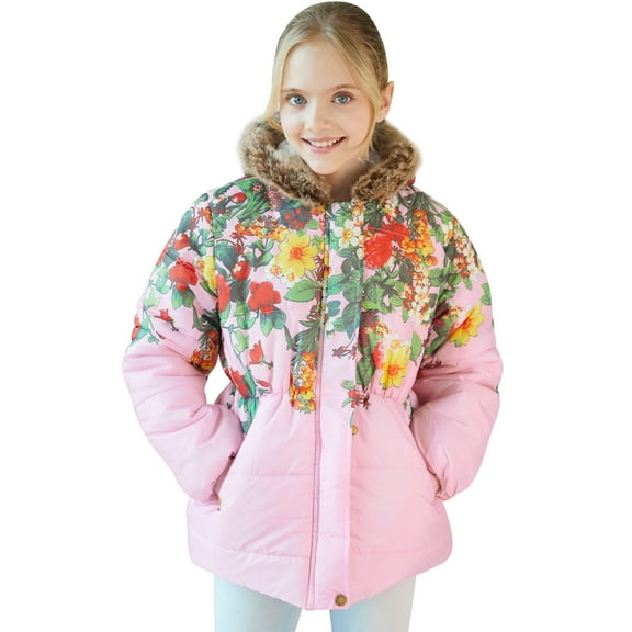 OBEEII Winter Coat for Kids Girls Floral Printed Thicken Parka Jacket Hooded Snowsuit Light Puffer Warm Casual Outwear with Pockets