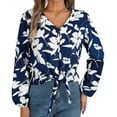 thumbnail image 1 of OBEEII Women Blouses Fall Causal Loose Fit Tops Fashion V Neck Floral Printed Shirts Business T Shirts Tie Front Chiffon Shirt for Women, 1 of 6