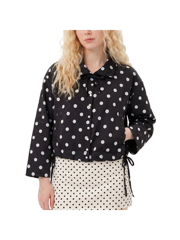 Women Cropped Jackets Retro Polka Dot Short Jacket Loose Fit Casual Outdoor Wear Cinch Hem Outerwear