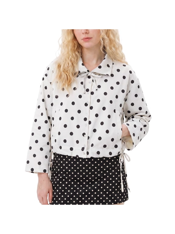 Women Long Sleeve Jackets Polka Dot Button Down Jacket Adjustable Hem Cropped Coat Cute Shacket Top Windbreaker with Pockets