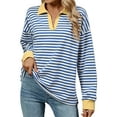 thumbnail image 1 of OBEEII Women Oversize Sweatshirts Loose Fitted Going Out Exercise Athletic Tee Shirts V Neck Long Sleeve Fall Clothes Blue White Striped Tops, 1 of 8