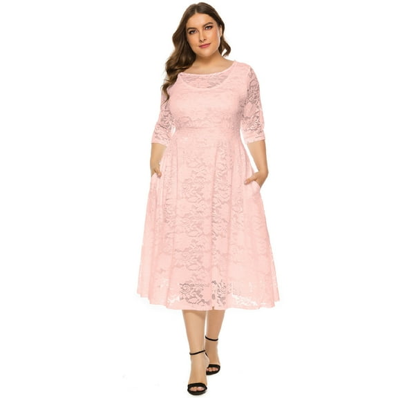 OBEEII Women Plus Size Dresses 3/4 Sleeve Floral Lace Maxi Dresses Formal Dresses Cocktail Swing Midi Dress with Pocket