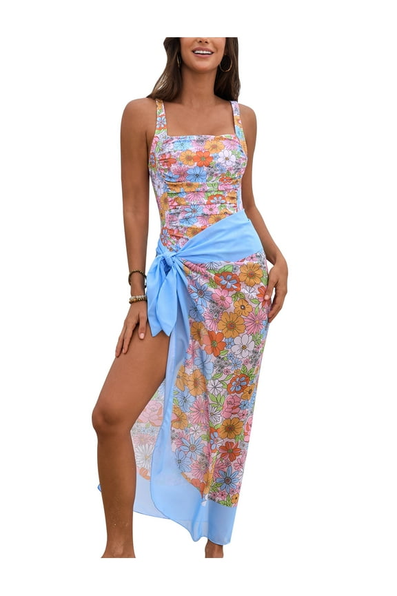 Women Swimsuit One-piece with Sarong Cover Up Skirt 2PCS Floral Print Swimwear Tummy Control Beachwear for S-XXL