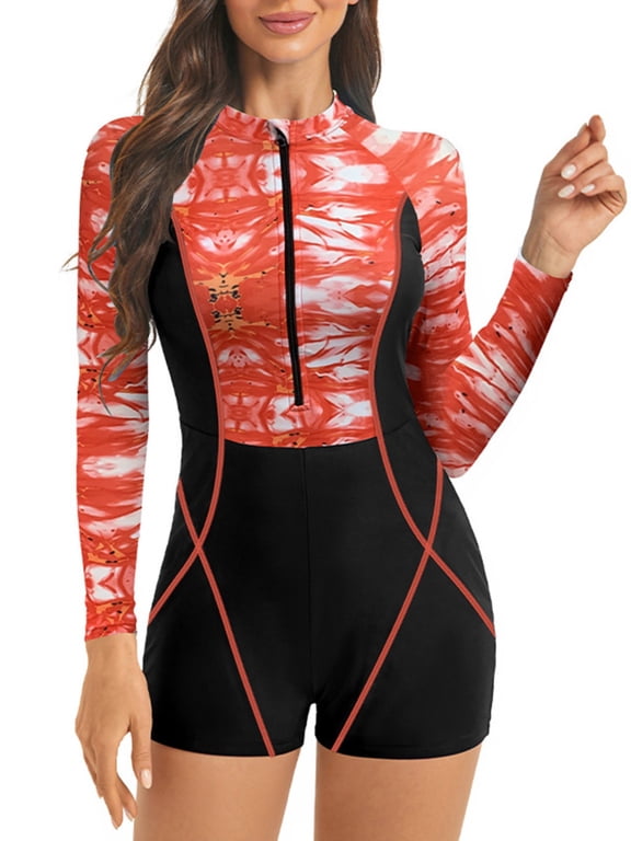 Women Swimsuits One Piece Zipper Athletic Swimwear Boyleg Sports Bathing Suits with Movable Chest Pads, Red Size S-XXL