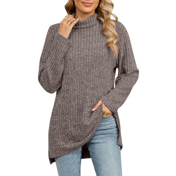OBEEII Women Turtleneck Oversized Sweater Long Sleeve Slits High-low Hem Casual Pullover Knitted Warm Clothes for Winter Size S-XXL