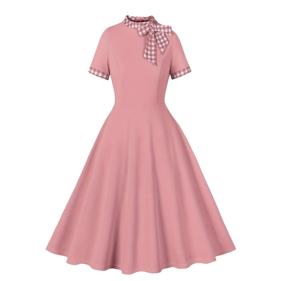 OBEEII Womens 1950s Retro Dresses Short Sleeve Plus Size Dress Vintage Plaid Print Tie Neck Swing Dress Cocktail Dress