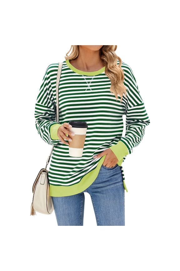 Womens Casual Crewneck Sweatshirts Loose Long Sleeve Pullover Tops Shirts Plus Size Tunic Tops Split Hem Sweatshirt