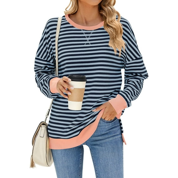 OBEEII Womens Crew Collar Striped Basic Jumper Tops Color Block Pullover Tops Fall Winter Long Sleeve Sweatshirts for Work Office