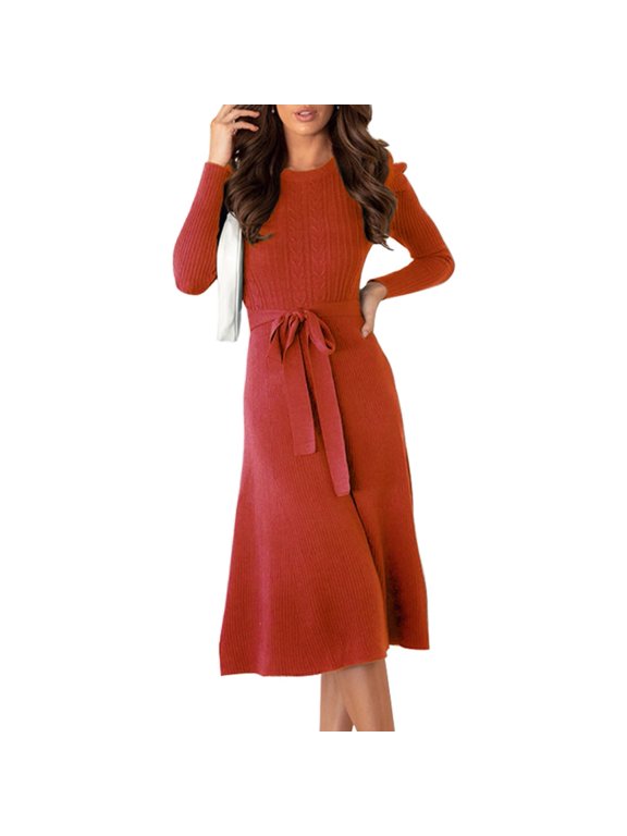 Womens Dresses Trendy Ruffle Midi Knitted Dresses Long Sleeve Sweater Dresses Casual Pullover Dresses