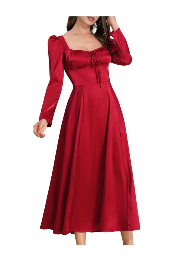 Womens Maxi Satin Dress Puff Sleeve Square Neck Corset Midi Dress Sexy Backless Dresses Long Formal Cocktail Bridesmaid Dresses