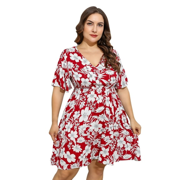 OBEEII Womens Plus Size Dresses Summer Short Sleeve V Neck Skirts Oversize Wedding Guest Dress A-line Formal Cocktail Swing Dress 3XL Red