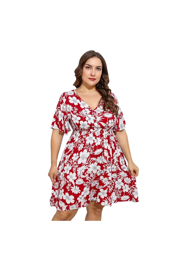 Womens Plus Size Dresses Summer Short Sleeve V Neck Skirts Oversize Wedding Guest Dress A-line Formal Cocktail Swing Dress 3XL Red