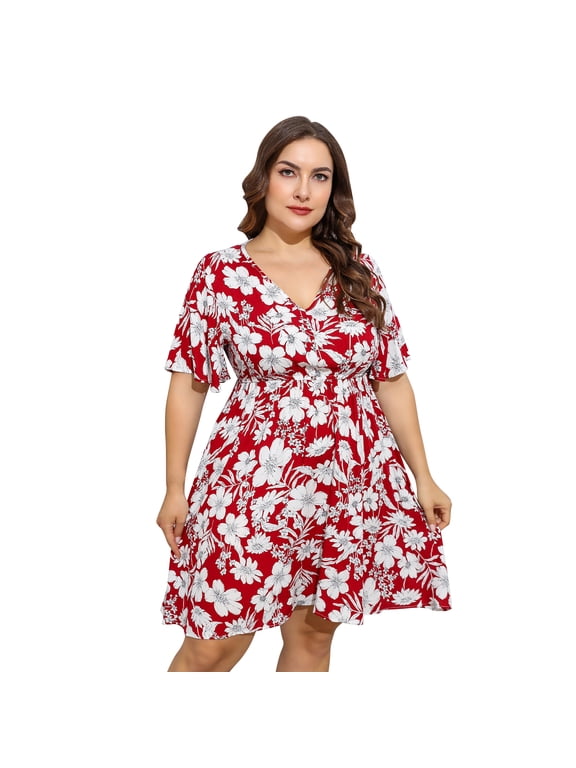 Womens Plus Size Dresses Summer Short Sleeve V Neck Skirts Oversize Wedding Guest Dress A-line Formal Cocktail Swing Dress XXL Red