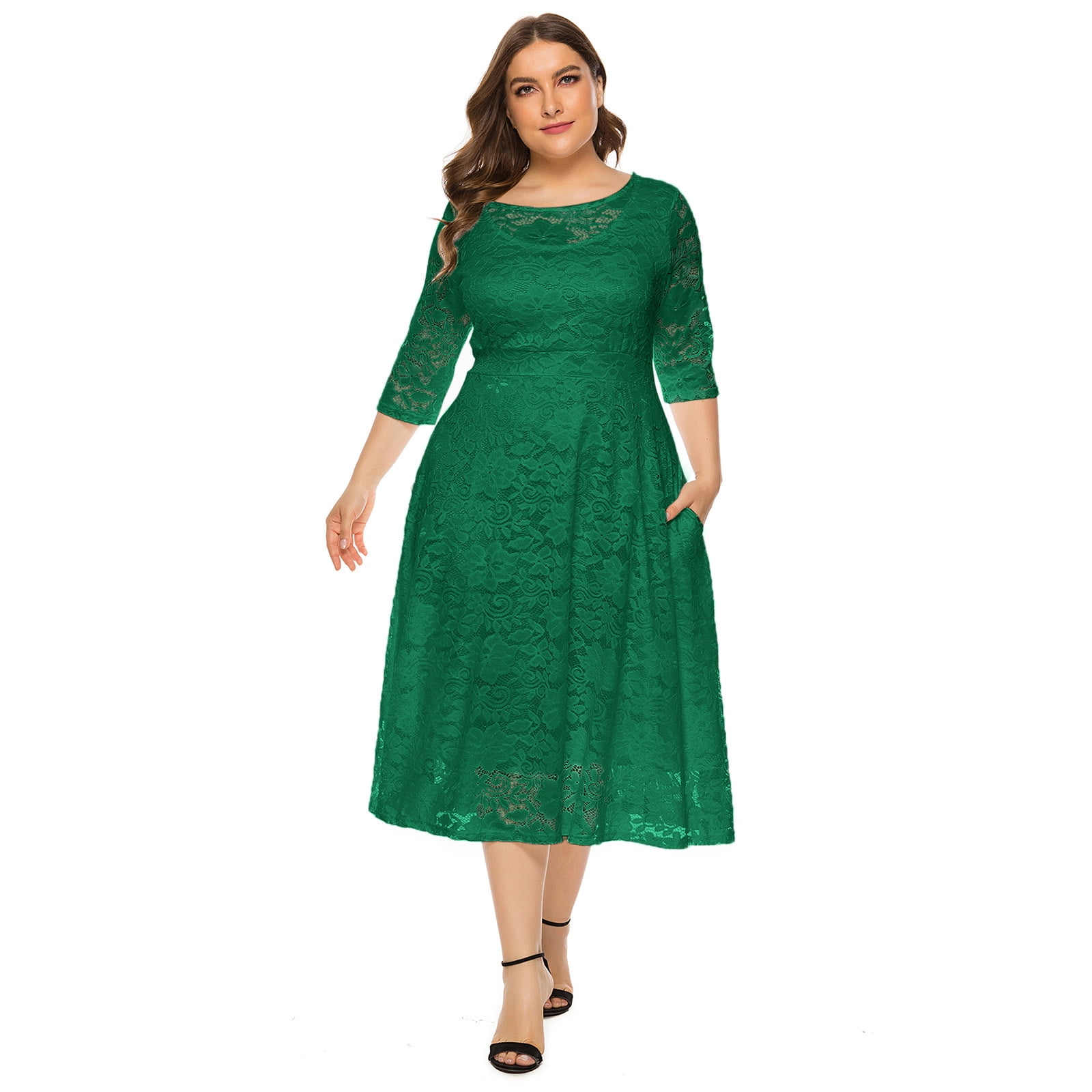 OBEEII Floral Lace Plus Size Dresses 3/4 Sleeve O Neck Party Wedding