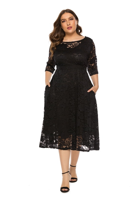 Womens Plus Size Floral Lace Dresses 3/4 Sleeve Summer Wedding Guest Dress Formal Cocktail Swing Midi Dress with Pockets