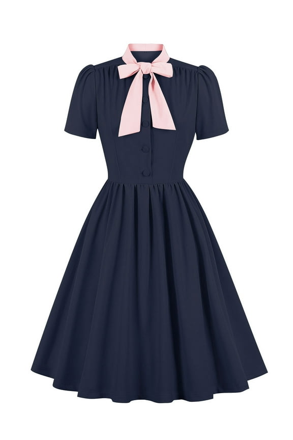 Womens Retro Dress 50s Style Tie Neck Pinup Dress Short Sleeve Swing Dress Cocktail Dress Evening Party Wedding Guest Ladies Rockabilly Dresses