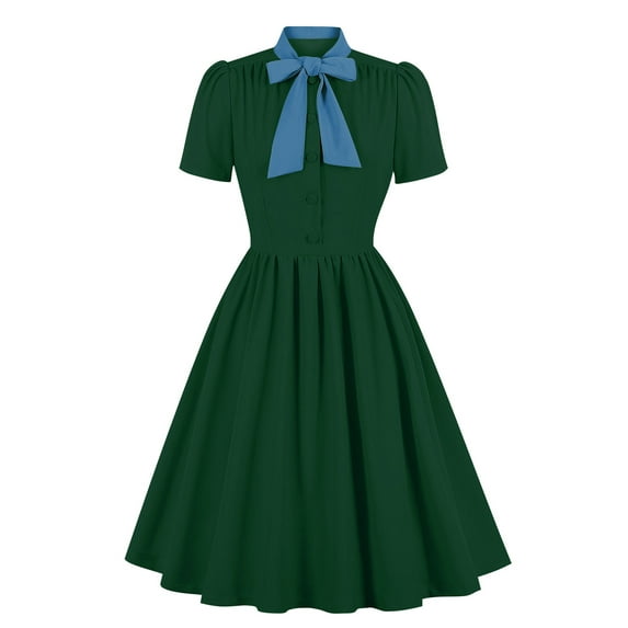 OBEEII Womens Retro Dress 50s Style Tie Neck Pinup Dress Short Sleeve Swing Dress Cocktail Dress Evening Party Wedding Guest Ladies Rockabilly Dresses