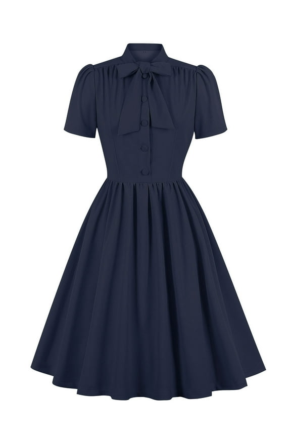 Womens Retro Dress 50s Style Tie Neck Pinup Dress Short Sleeve Swing Dress Cocktail Dress Evening Party Wedding Guest Ladies Rockabilly Dresses