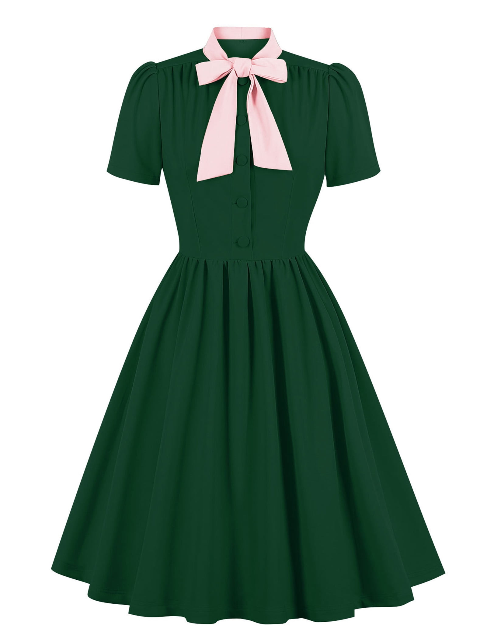 Obeeii Womens Retro Dress 50s Style Tie Neck Pinup Dress Short Sleeve Swing Dress Cocktail Dress Evening Party Wedding Guest Ladies Rockabilly Dresses