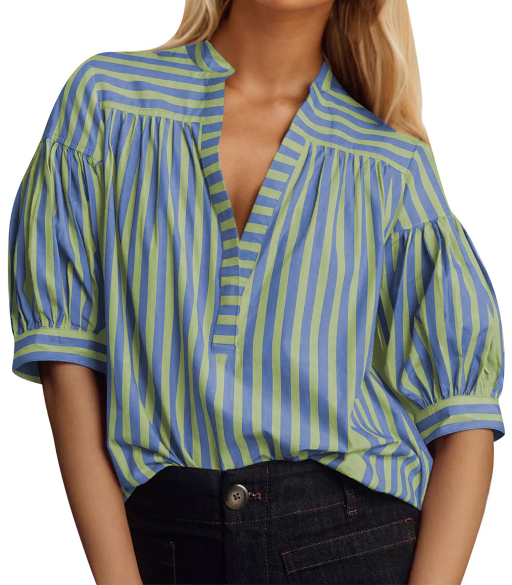 Women's V-Neck Striped Puff Sleeve Blouse