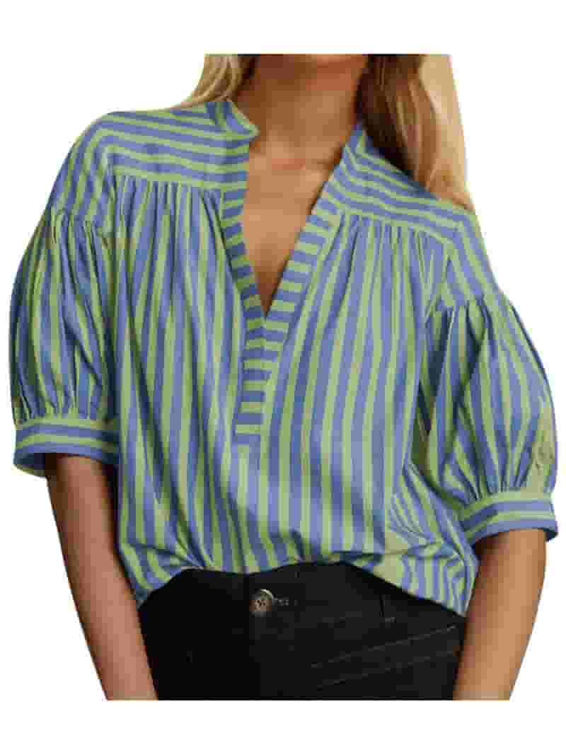 Women's V-Neck Striped Puff Sleeve Blouse