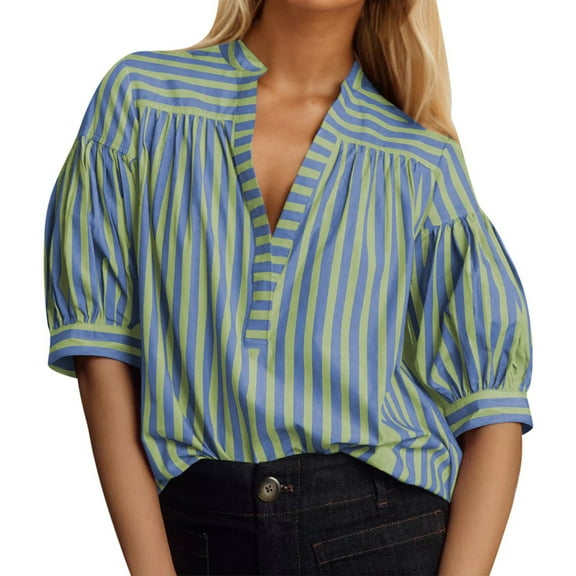 OBEEII Striped Tops for Women Puff Sleeve Deep V-Neck Blouses Casual T-Shirts Summer Business Clothes