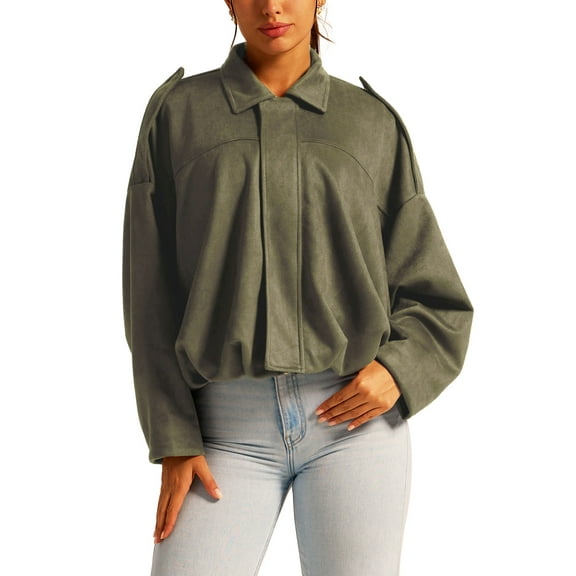 OBEEII Womens Suede Bomber Jacket Winter Coat Lapel Pilot Casual Outwear Long Sleeve Warm Streetwear Lounge Wear