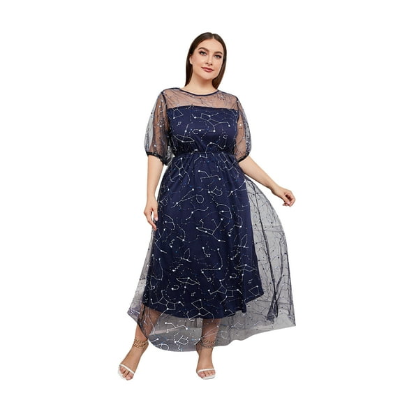 OBEEII Womens Summer Short Sleeve Tulle Dress Plus Size Wedding Guest Dress Floral Embroidery Mesh Swing Midi Party Dress 3XL Blue