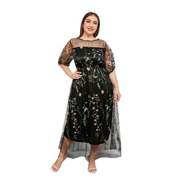 OBEEII Womens Summer Short Sleeve Tulle Dress Plus Size Wedding Guest Dress Floral Embroidery Mesh Swing Midi Party Dress 3XL Green Leaf
