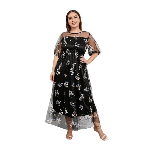 OBEEII Womens Summer Short Sleeve Tulle Dress Plus Size Wedding Guest Dress Floral Embroidery Mesh Swing Midi Party Dress XXL Black Floral
