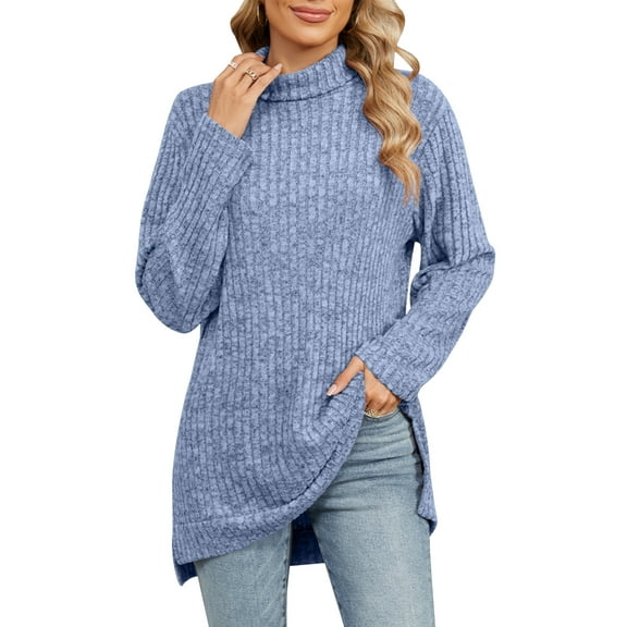 OBEEII Womens Tops Knitted Sweater Soft Turtleneck Pullover Sweater Oversized Chunky Ribbed Jumper Fall Winter Clothes, Blue Size S-XXL