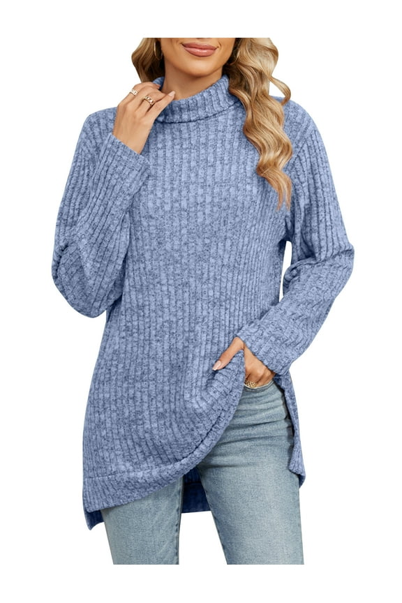 Womens Tops Knitted Sweater Soft Turtleneck Pullover Sweater Oversized Chunky Ribbed Jumper Fall Winter Clothes, Blue Size S-XXL