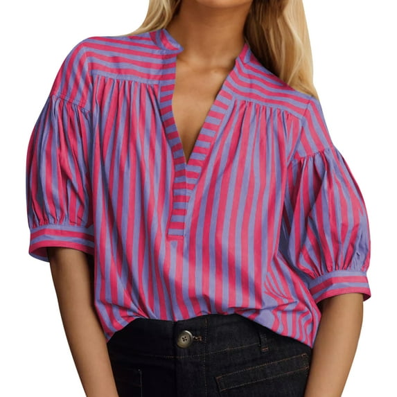 OBEEII Women Blouses V Neck Short Sleeve T Shirts Chic Striped Tops Summer Casual Party Ladies Clothes