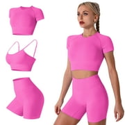 OBEEII Yoga Outfit For Women 3 Pieces Set Sports Bra Fashion Yoga Outfit Casual Sports Wear L hot pink