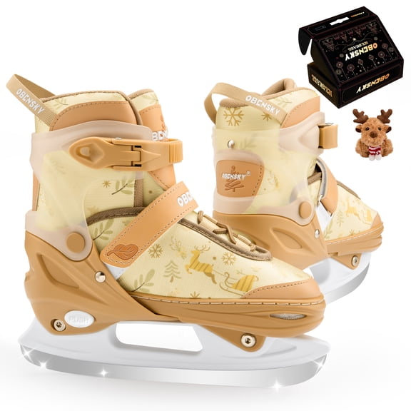 OBENSKY 4-Size Adjustable Ice Skates for Kids Girls Boys, Reindeer Beginner Ice Skating Shoes w/ Stainless Steel Blade for Birthday Christmas Gift