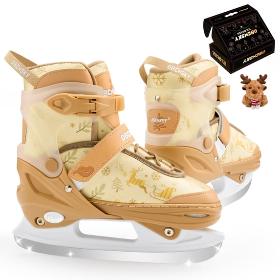 OBENSKY 4-Size Adjustable Ice Skates for Kids Girls Boys, Reindeer Beginner Ice Skating Shoes w/ Stainless Steel Blade for Birthday Christmas Gift