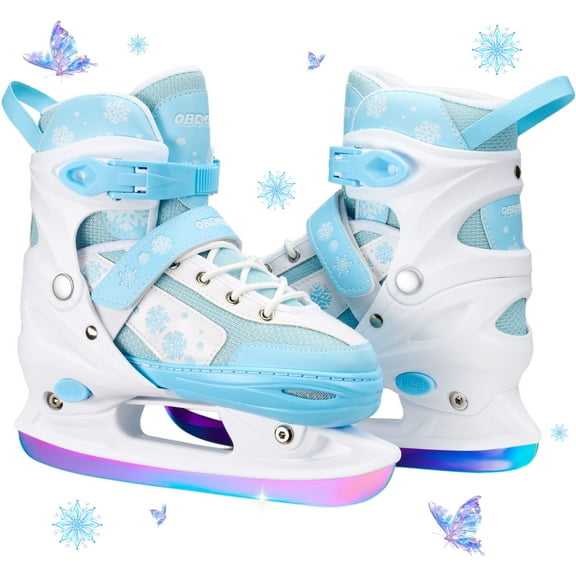 OBENSKY 4 Adjustable Kids Ice Skates for Beginners,Girls&Boys-Ice Skating Shoes w/ Laser Stainless Steel Blade,Blue&Pink