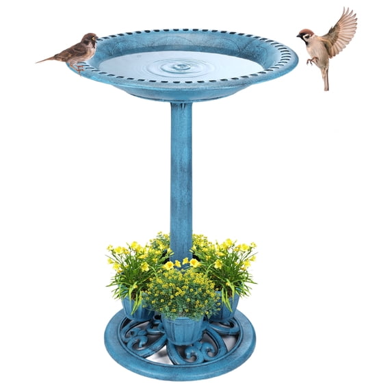 OBENSKY Bird Bath With 4 Planters 28" Height Pedestal Antique Outdoor Garden Decor Vintage Yard Art (Blue)
