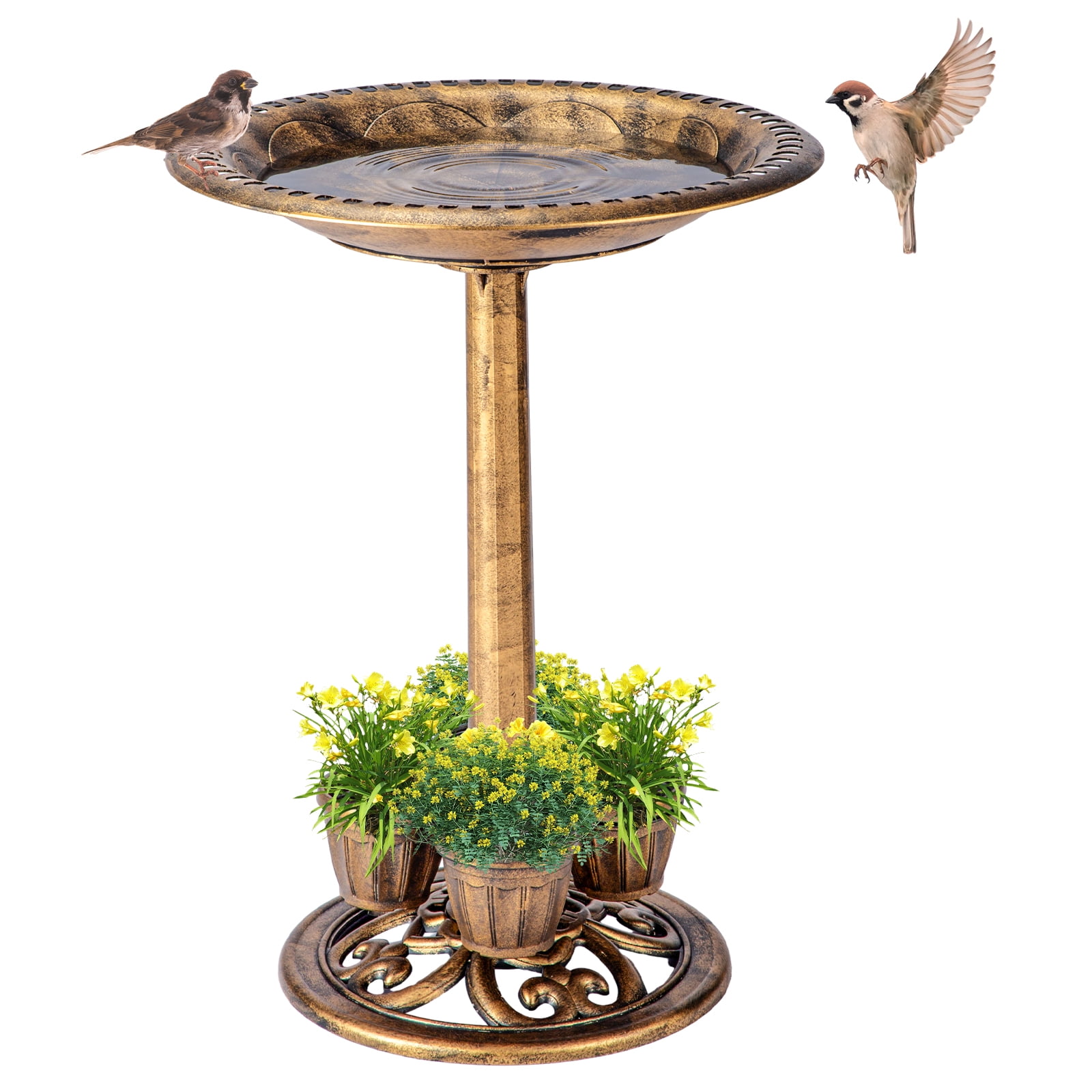 OBENSKY Bird Bath With 4 Planters 28" Height Pedestal Antique Outdoor Garden Decor Vintage Yard Art (Bronze) - Walmart.com