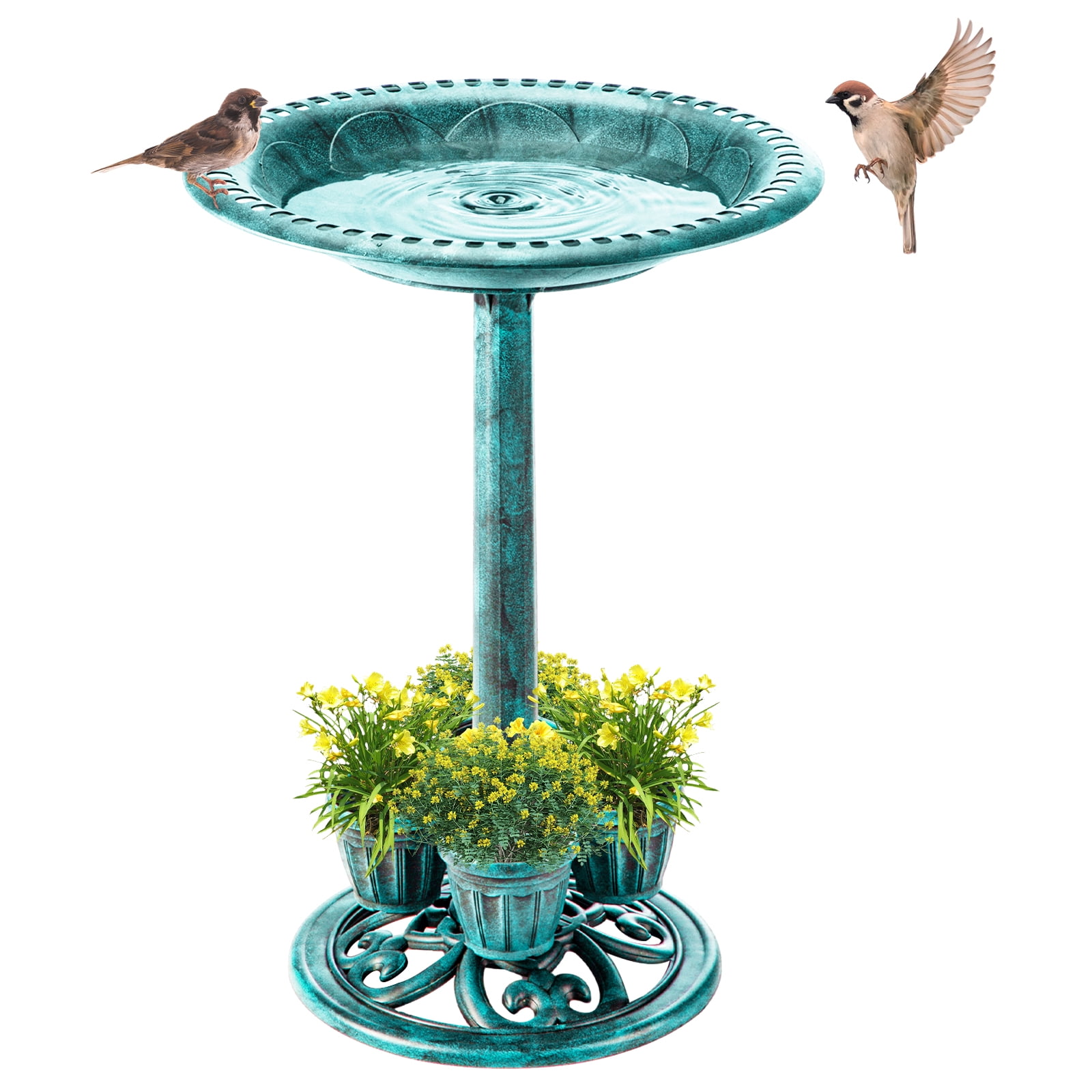 OBENSKY Birdbath w/4 Planters 28" Height Pedestal Antique Outdoor Garden Decor Vintage Yard Art (Green)
