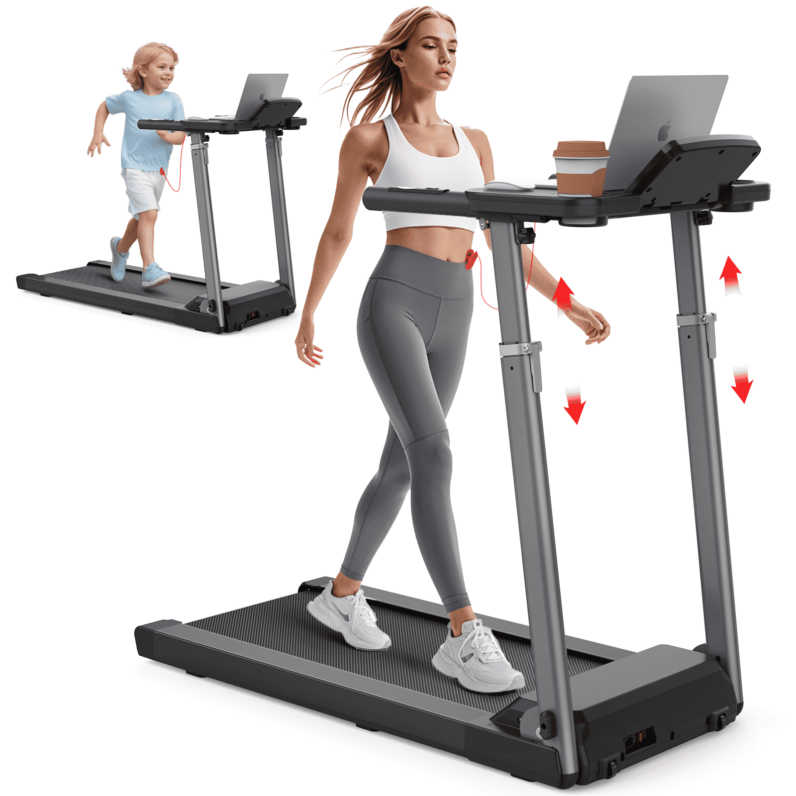 OBENSKY Foldable Treadmill with Desk Workstation & Adjustable Height, Folding Treadmill for home,Speed Range 0.6-7.5 mph,Bluetooth Speaker & App,350 LBS Weight Capacity