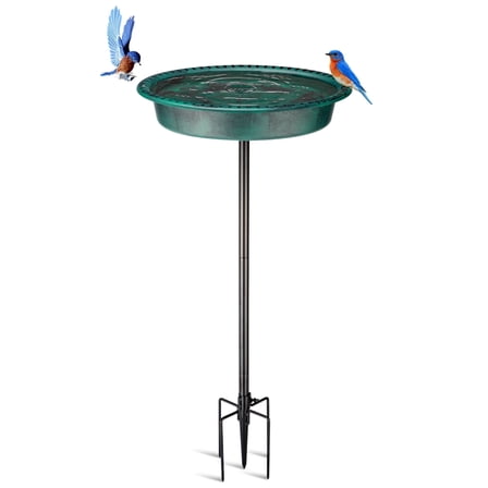 OBENSKY Oval Polyresin Bird Bath Bowl with Metal Stake, 34 Inch Height Outdoor Freestanding Birdfeeder - Green