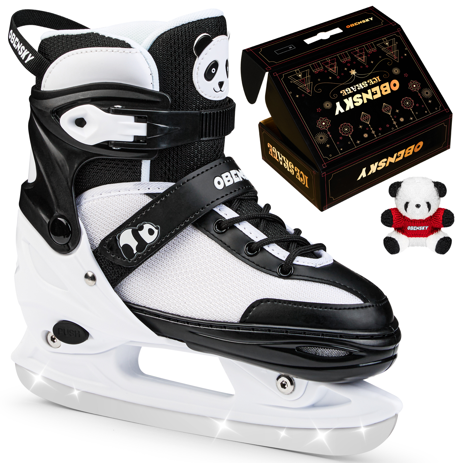 OBENSKY Panda Ice Skates for Kids Girls Boys 4-Size Adjustable Beginner Ice Skating Shoes, Black&White for Birthday Christmas Gift