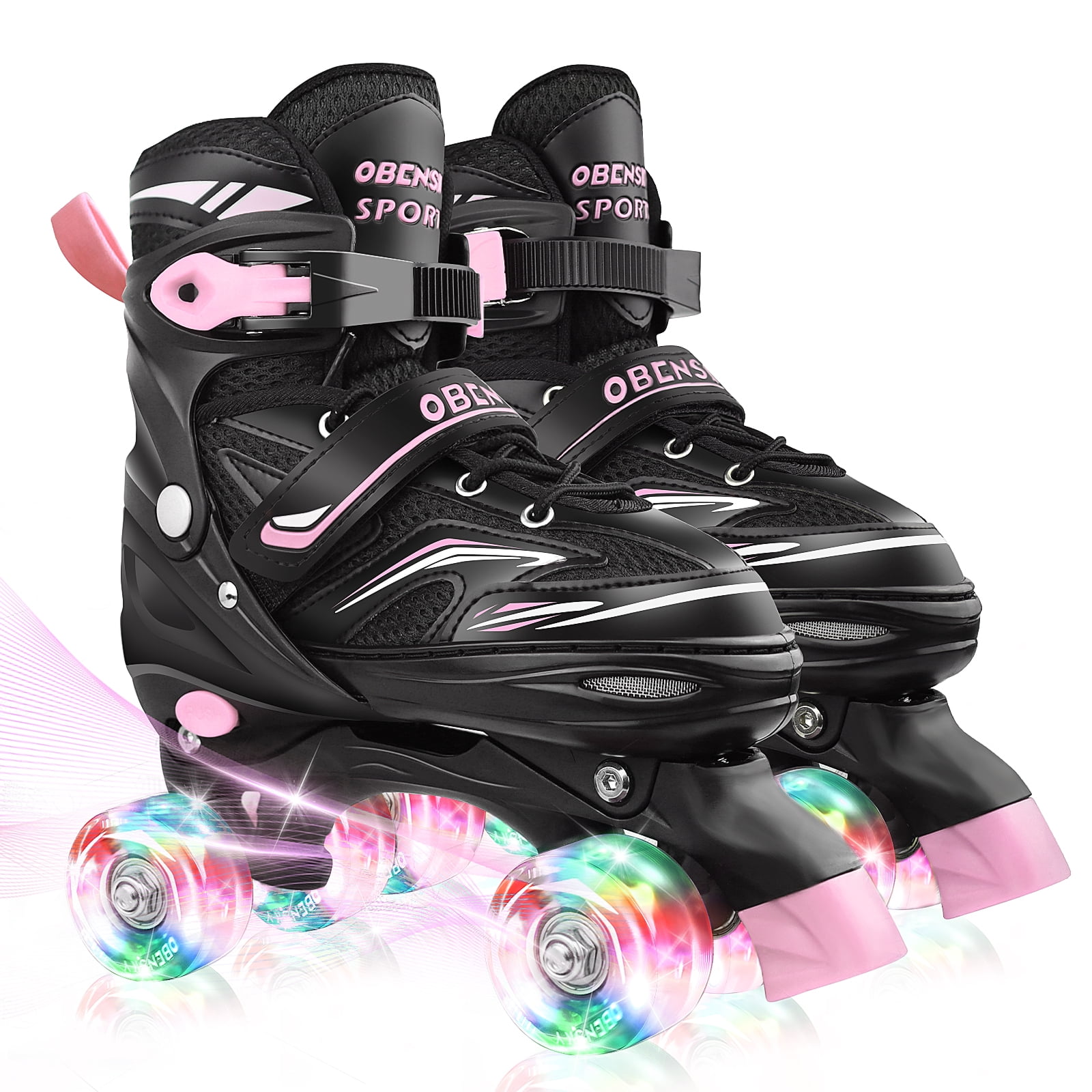 OBENSKY Roller Skates, 4 Size Adjustable for Girls & Boys w/ Light up Wheels-Blue/Pink